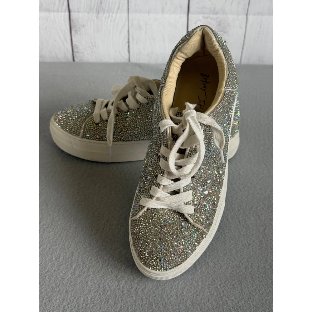Betsey Johnson Sidny Rhinestone Platform Sneakers Silver Iridescent Sparkle 8.5 - Picture 3 of 10